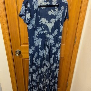 Lulu's Navy and Light Blue Floral Wrap Maxi Dress